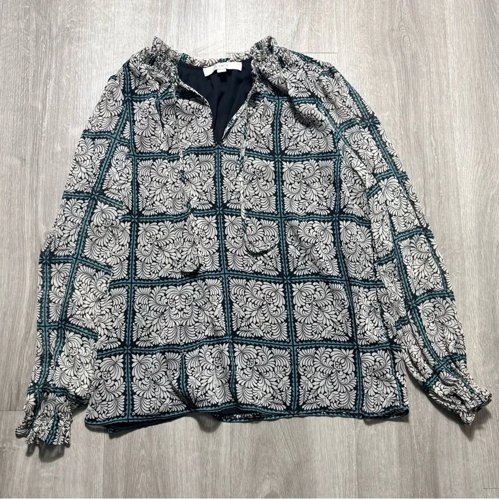 LOFT Scroll Smocked Tie Neck Blouse Size Medium